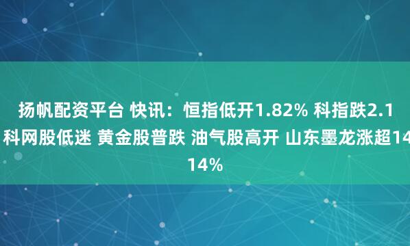 扬帆配资平台 快讯：恒指低开1.82% 科指跌2.1% 科网股低迷 黄金股普跌 油气股高开 山东墨龙涨超14%